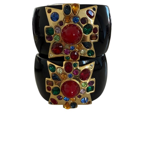 SET OF TWO Kenneth Jay Lane Large Ruby Center Black Maltese Cross Cuff bracelet - Picture 4 of 11